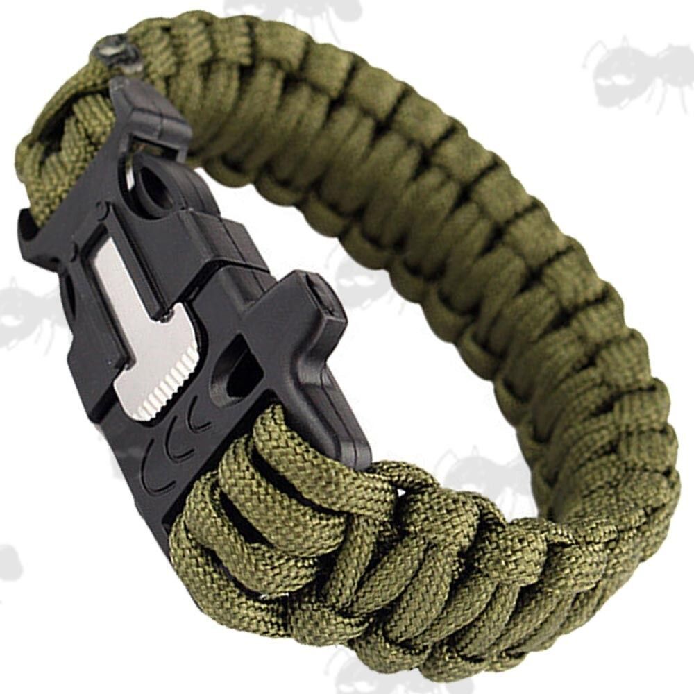 3 THREE Green Survival 4 in 1 Paracord Bracelet Flint Blade Whistle Cord